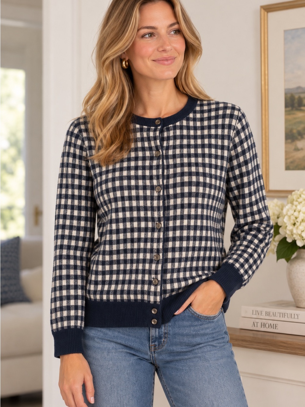 100% Italian cashmere J. Crew Navy and Cream Gingham Button-Front Cardigan